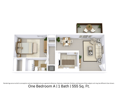 3D floor plan offering a detailed view of the One Bedroom A apartment, with furniture layout and flow across 555 Sq. Ft.